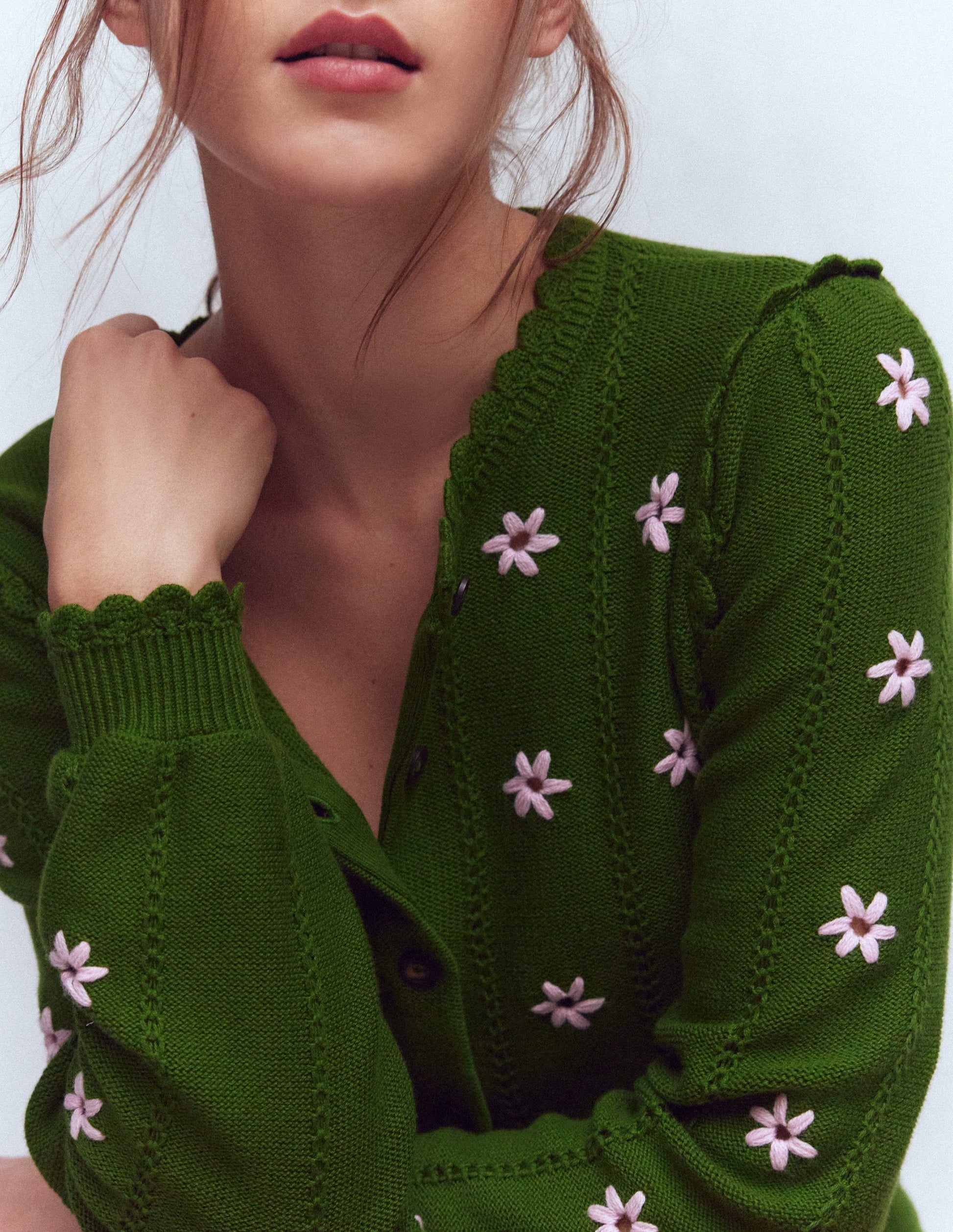 Valeria Crochet Trim Cardigan-Promenade Green , Embroidery-3