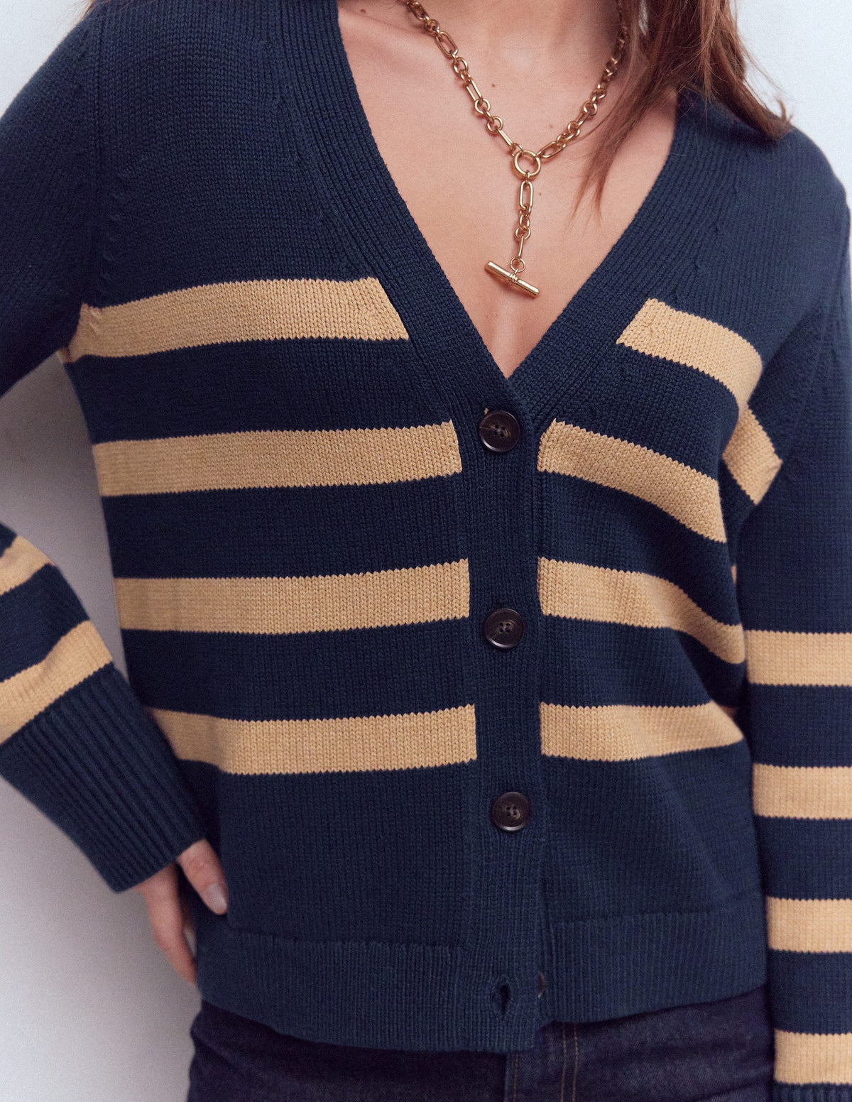 Lucy Relaxed Cotton Cardigan-Navy/ Camel Melange - Image 2