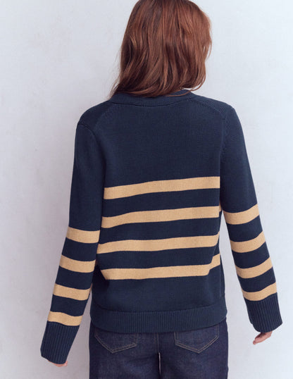 Lucy Relaxed Cotton Cardigan-Navy/ Camel Melange-3