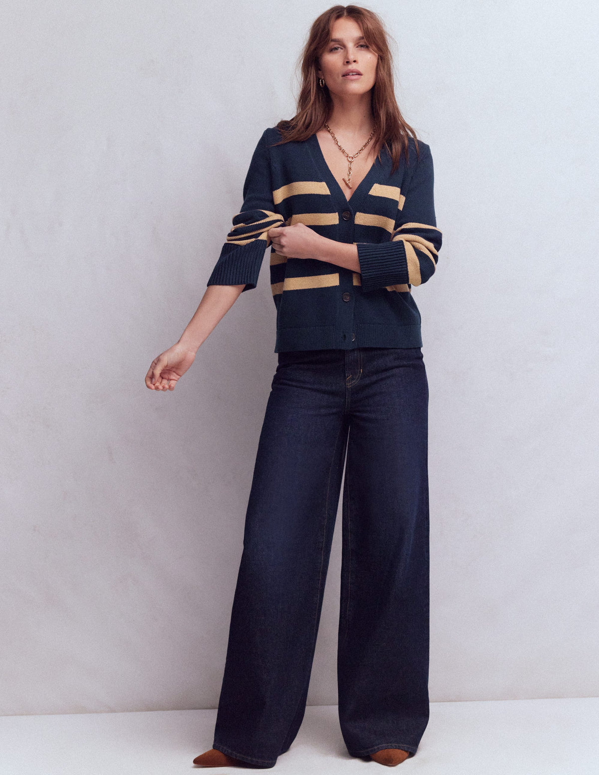 Lucy Relaxed Cotton Cardigan-Navy/ Camel Melange - Image 4