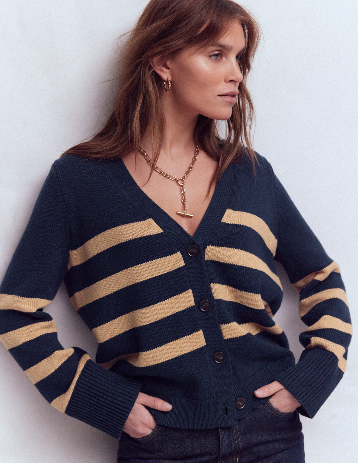 Lucy Relaxed Cotton Cardigan-Navy/ Camel Melange - Image 5