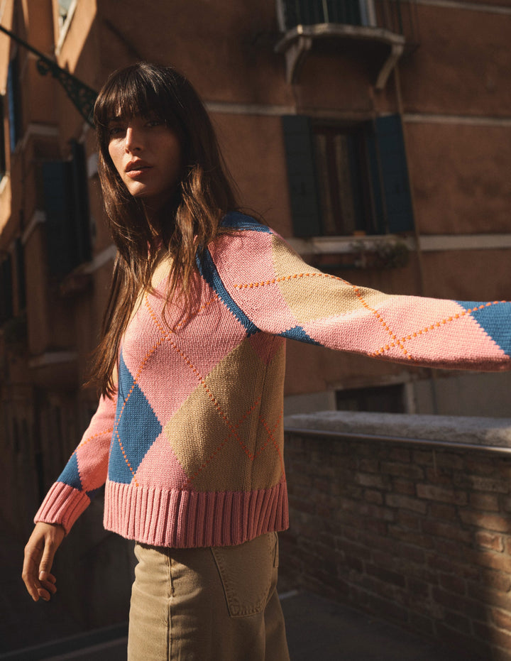 Camilla Cotton Argyle Jumper-Pink Argyle