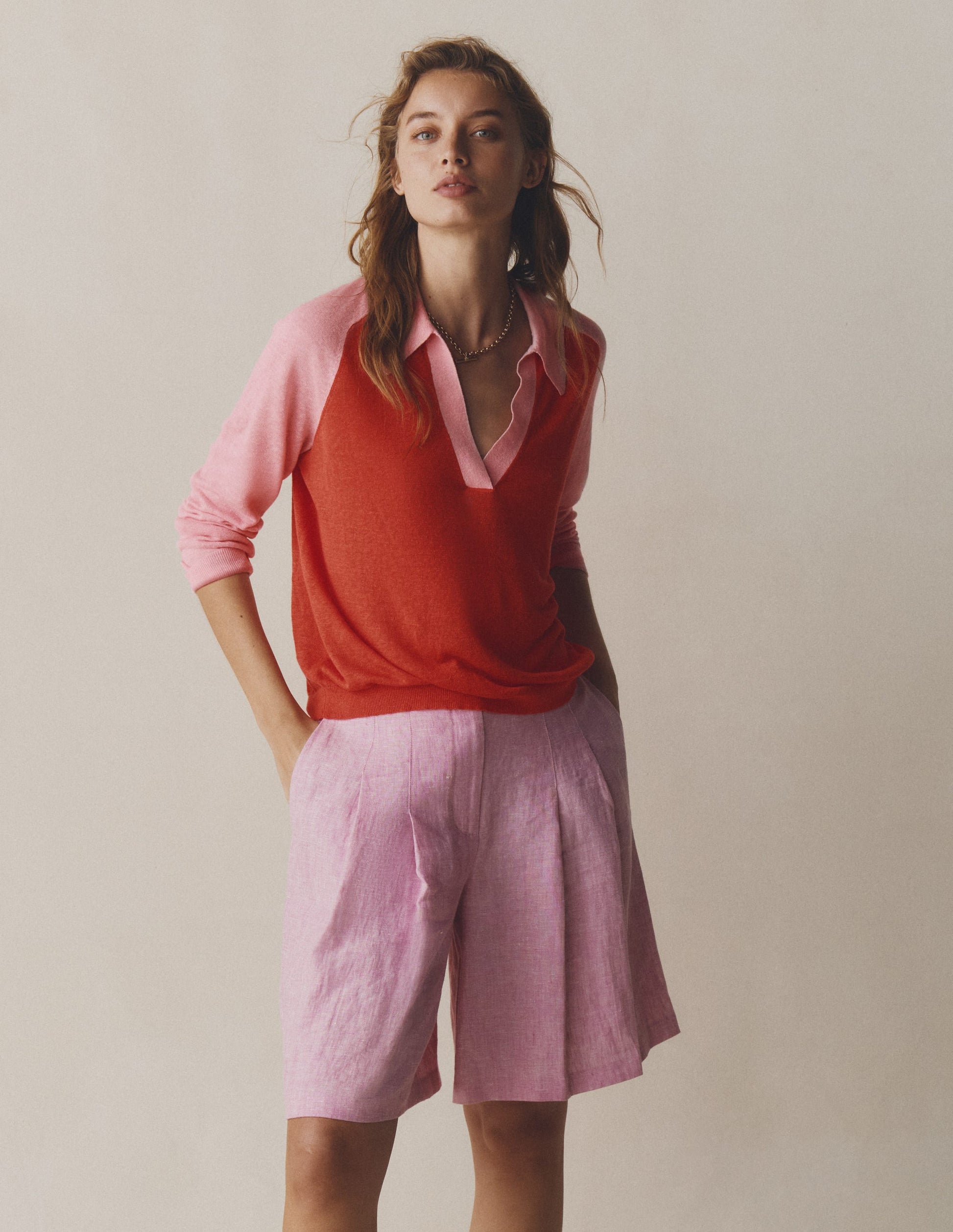 Agnes Collared Linen Jumper-Sunkissed Coral / Formica Pink-8