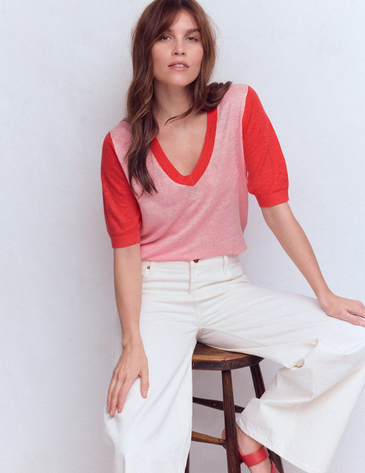 Agnes Linen V Neck T-Shirt-Pink Colour Block