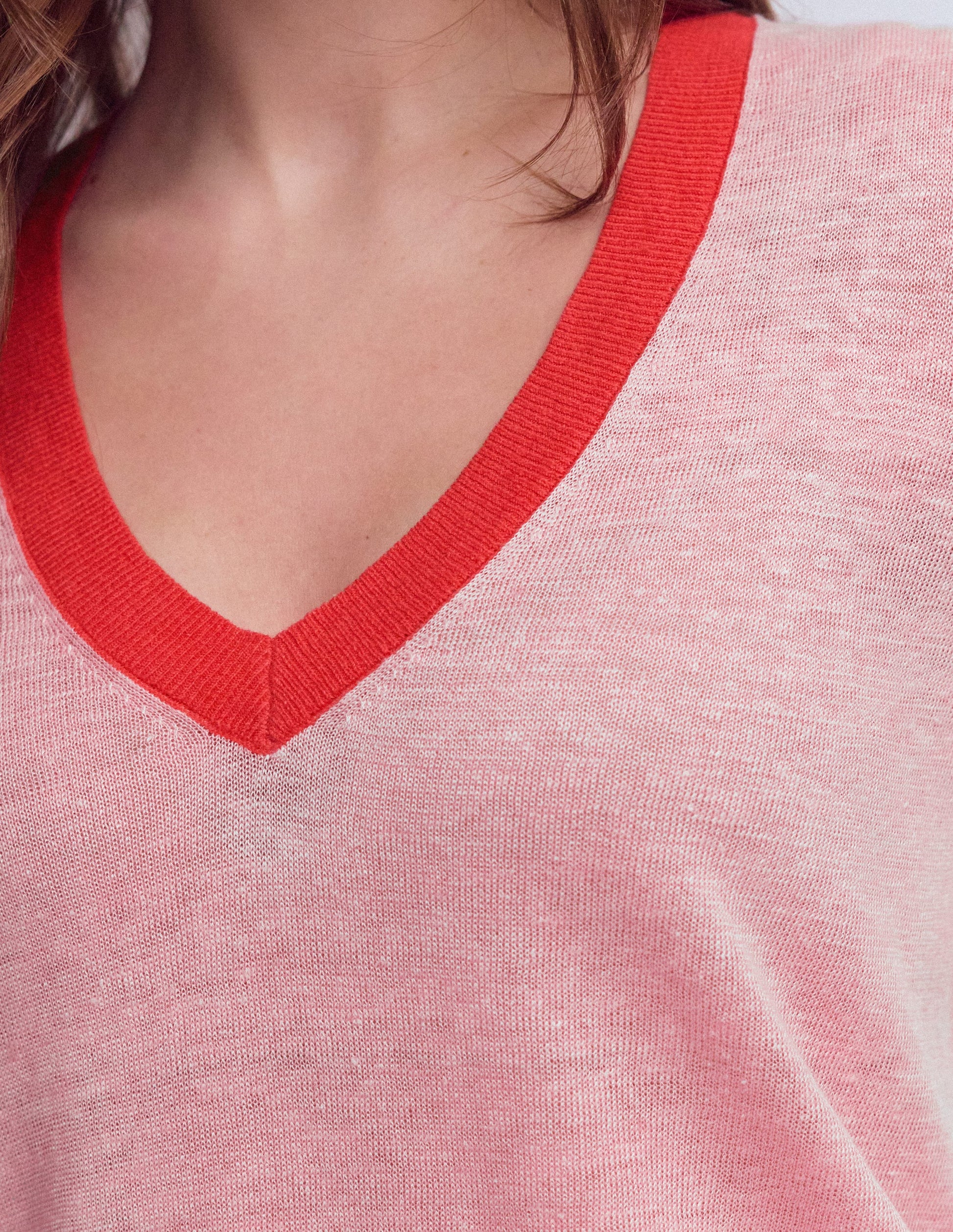Agnes Linen V Neck T-Shirt-Pink Colour Block-2