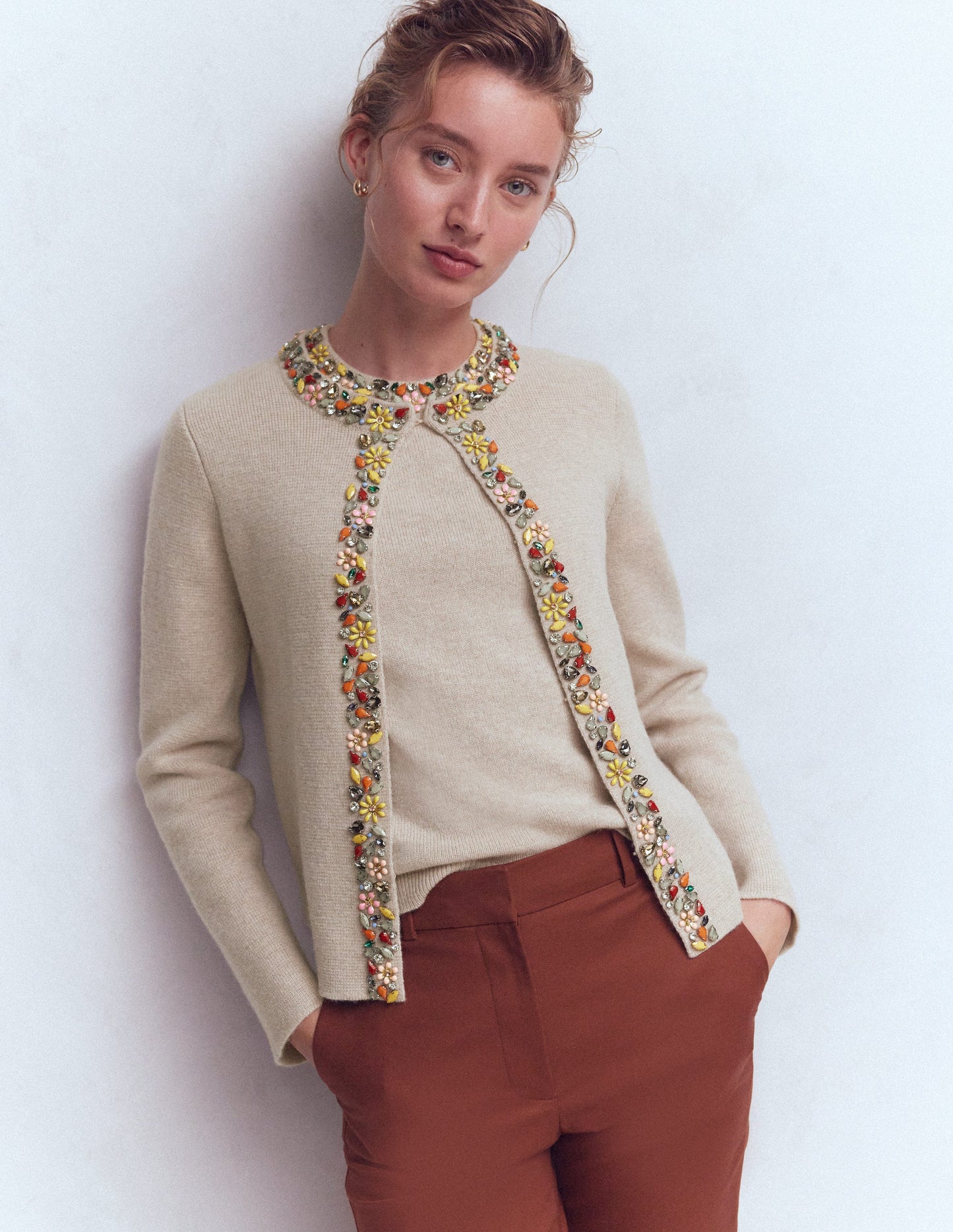 Embellished Crop Cardigan-Chinchilla Melange