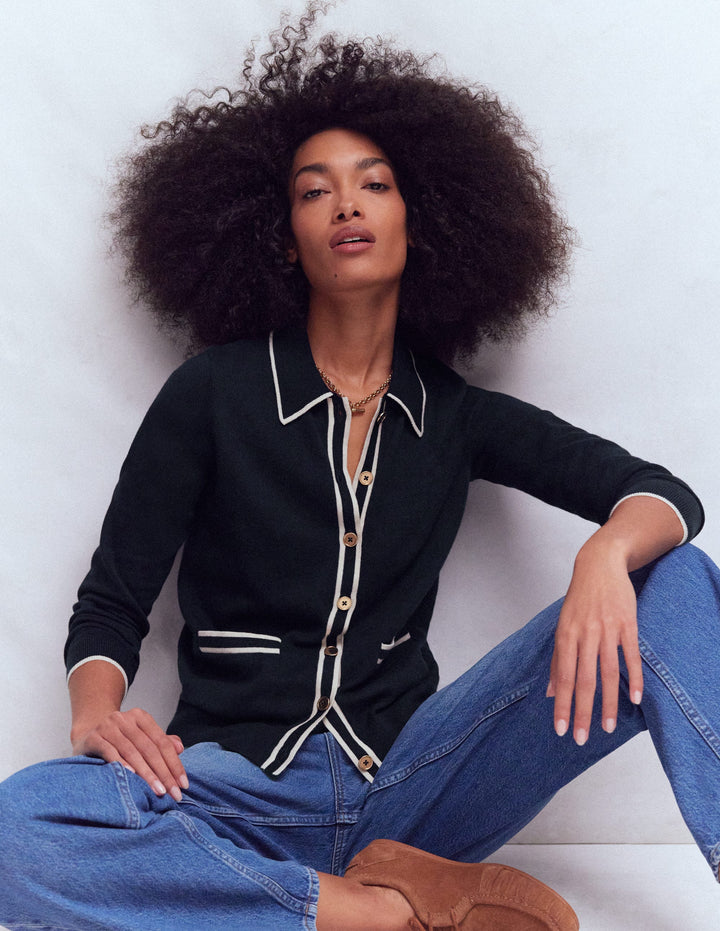 Liz Striped Collared Cardigan-Navy