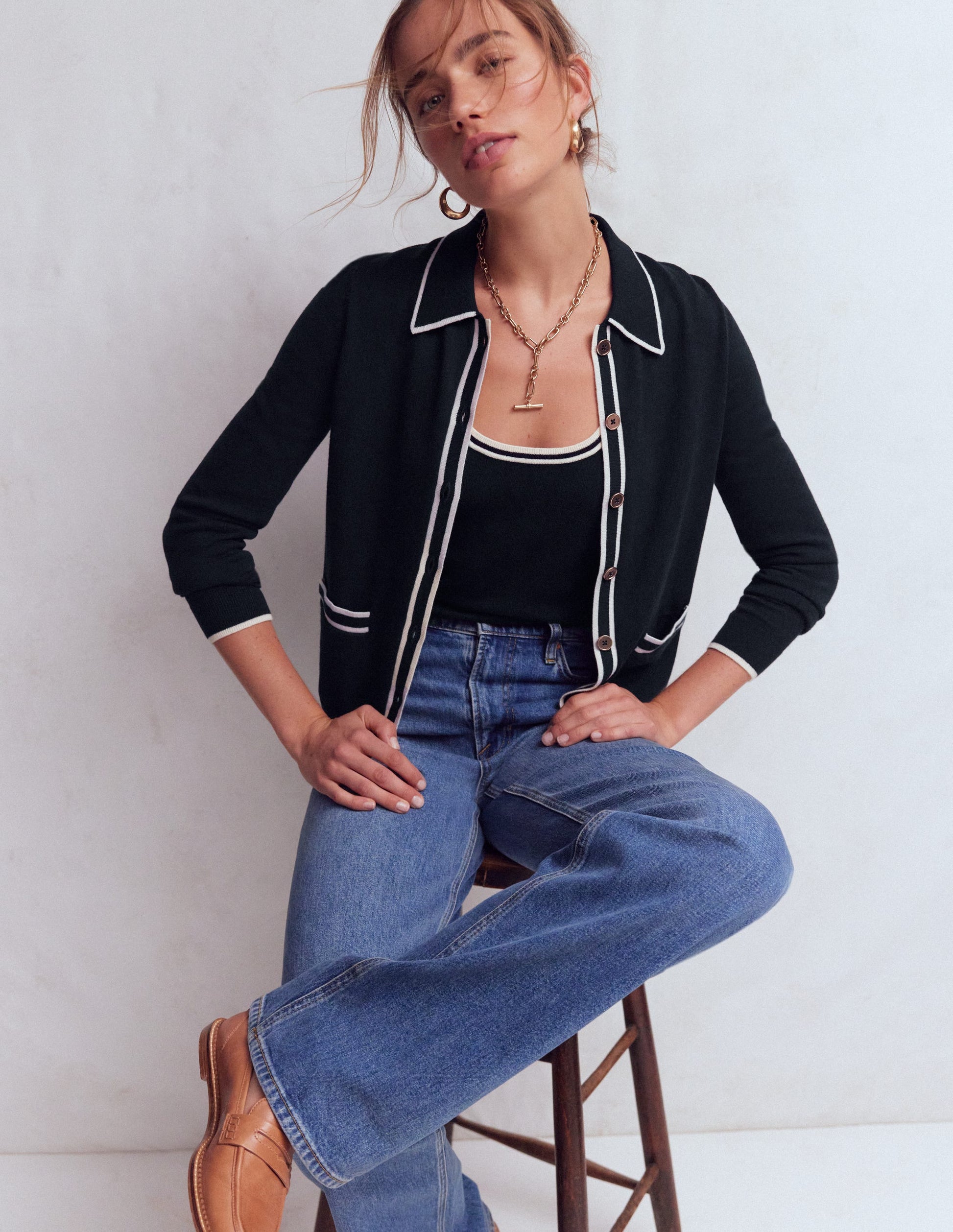 Liz Knitted Collared Cardigan-Navy-1