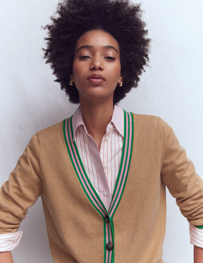 V Neck Longline Cardigan-Camel Melange-6