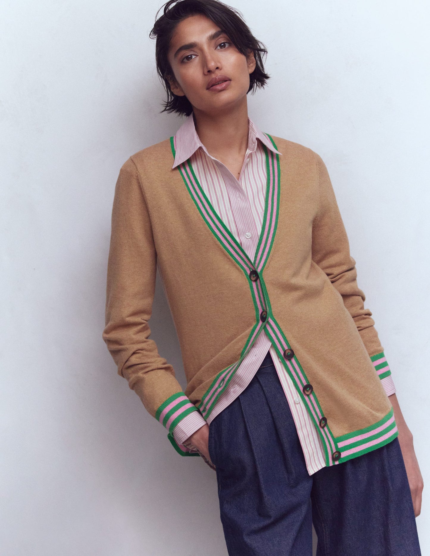 V Neck Longline Cardigan-Camel Melange