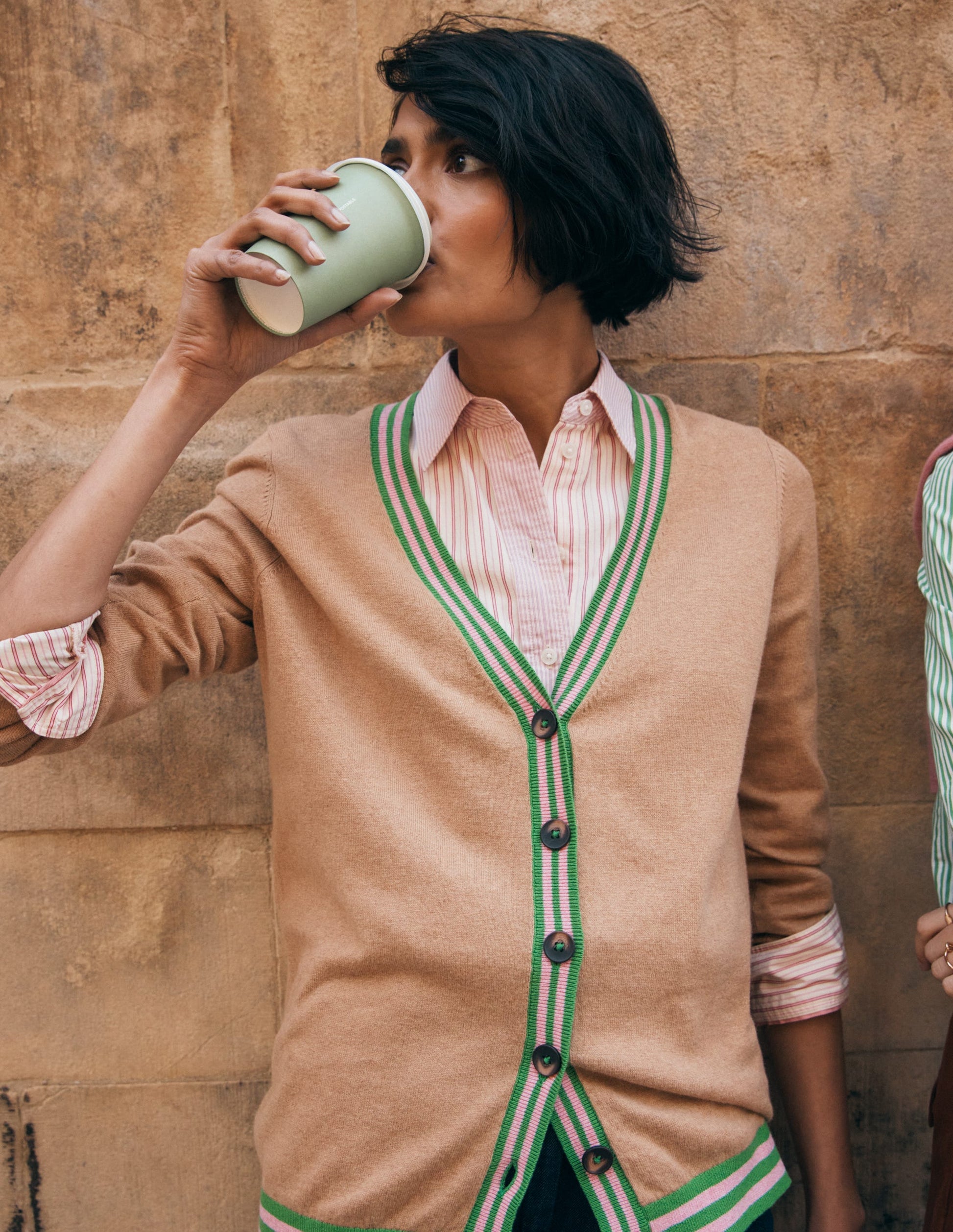 V Neck Longline Cardigan-Camel Melange-1