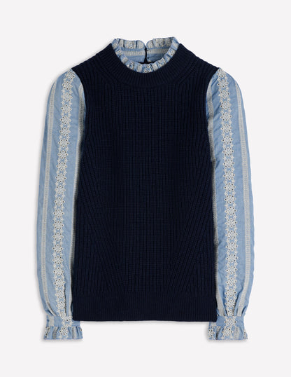 Knit and Woven Mix Jumper-Navy-6