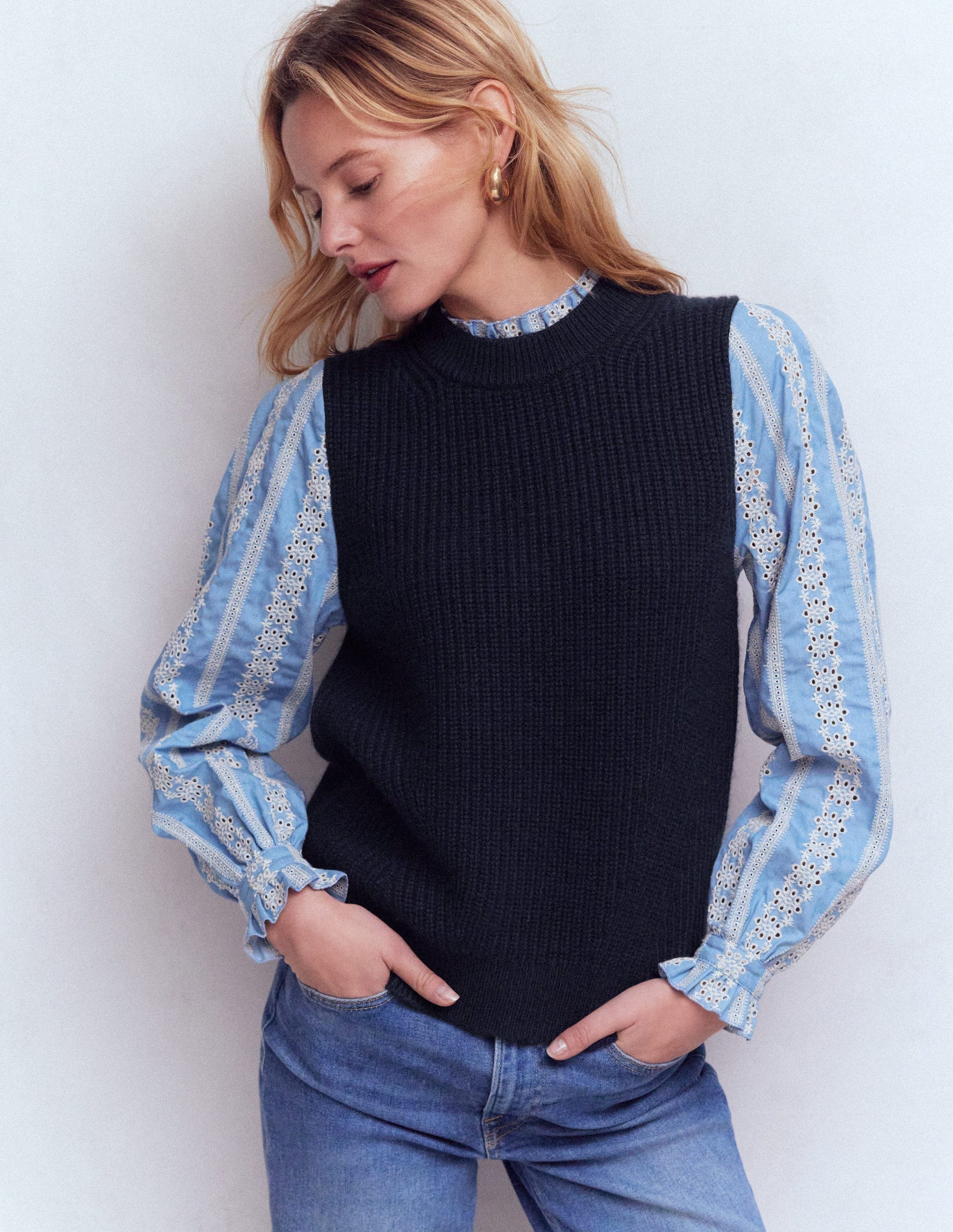 Knit and Woven Mix Jumper-Navy-4