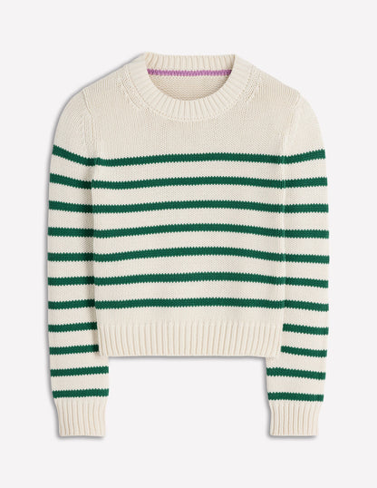 Lucy Chunky Cotton Jumper-Ivory and Jewel Green Stripe-5