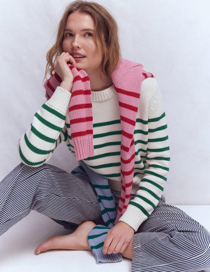Lucy Chunky Cotton Jumper-Ivory and Jewel Green Stripe-1