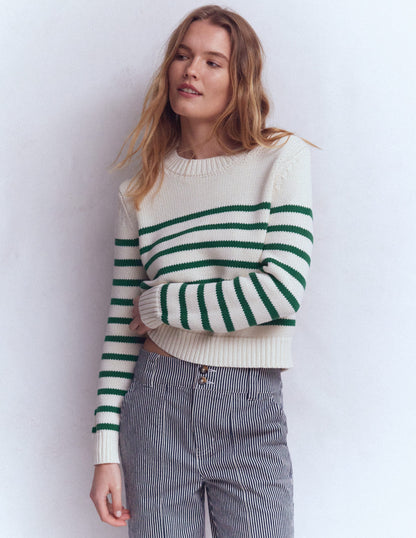 Lucy Chunky Cotton Jumper-Ivory and Jewel Green Stripe-2