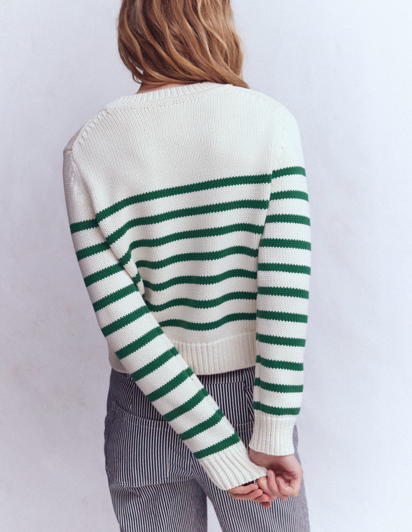 Lucy Chunky Cotton Jumper-Ivory and Jewel Green Stripe