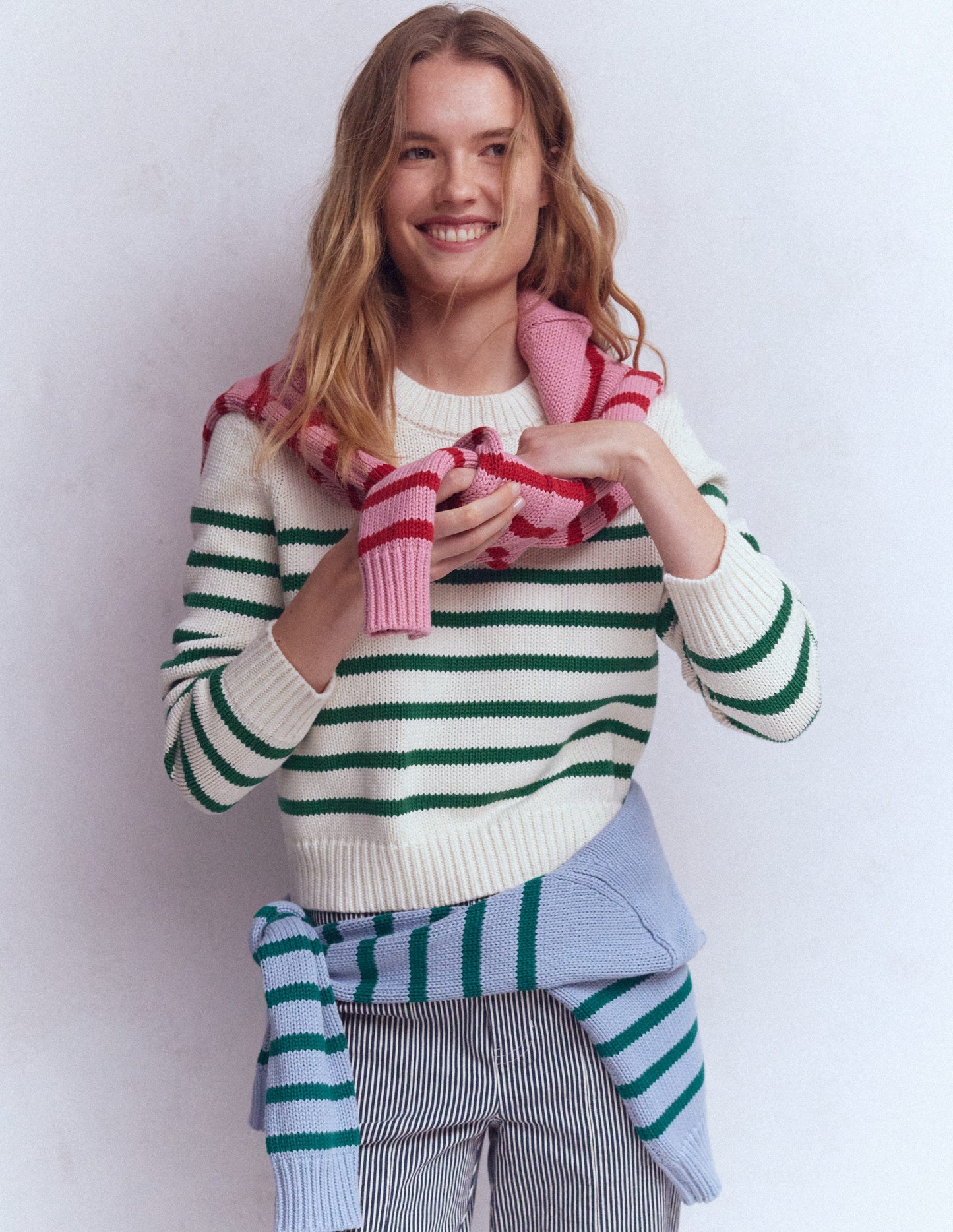 Lucy Chunky Cotton Jumper-Ivory and Jewel Green Stripe
