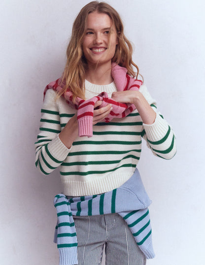 Lucy Chunky Cotton Jumper-Ivory and Jewel Green Stripe-4