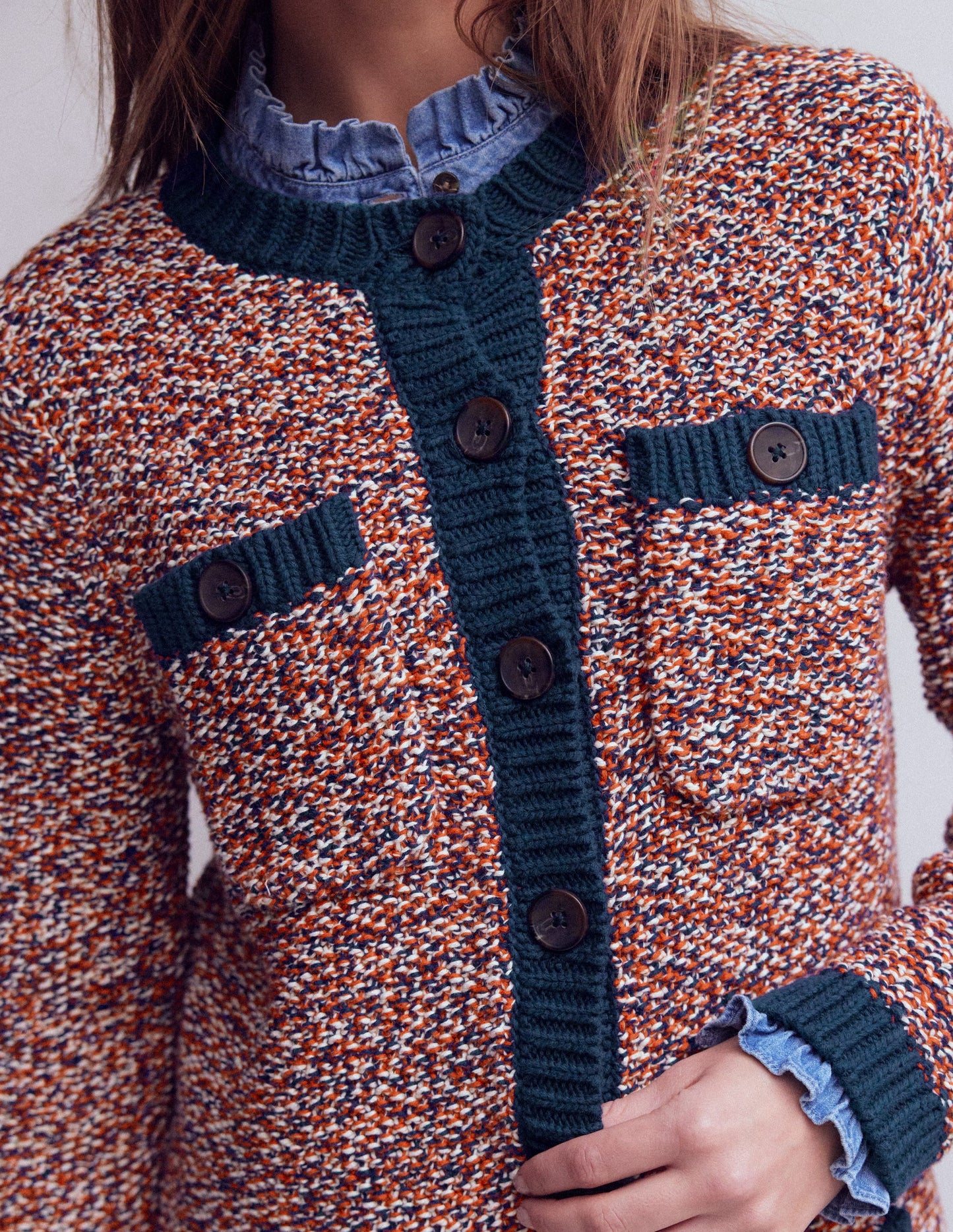 Textured Marl Cardigan-Navy/ Red Marl