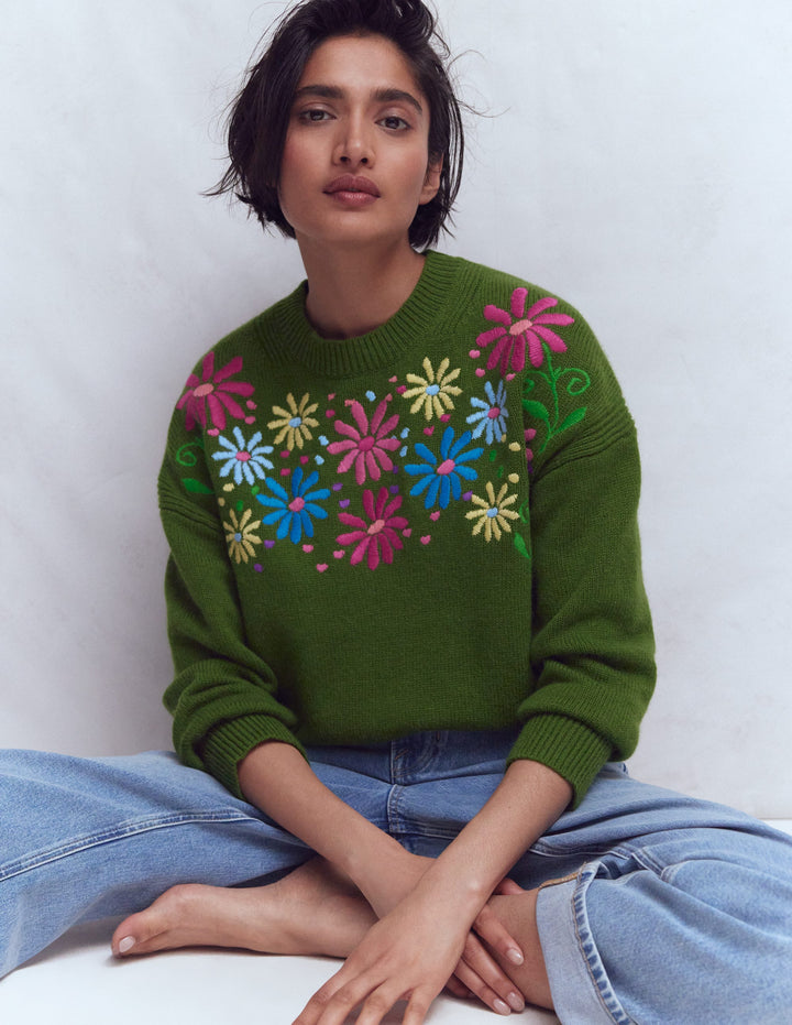 Isa Embroidered Jumper-Herb Garden, Green Flowers