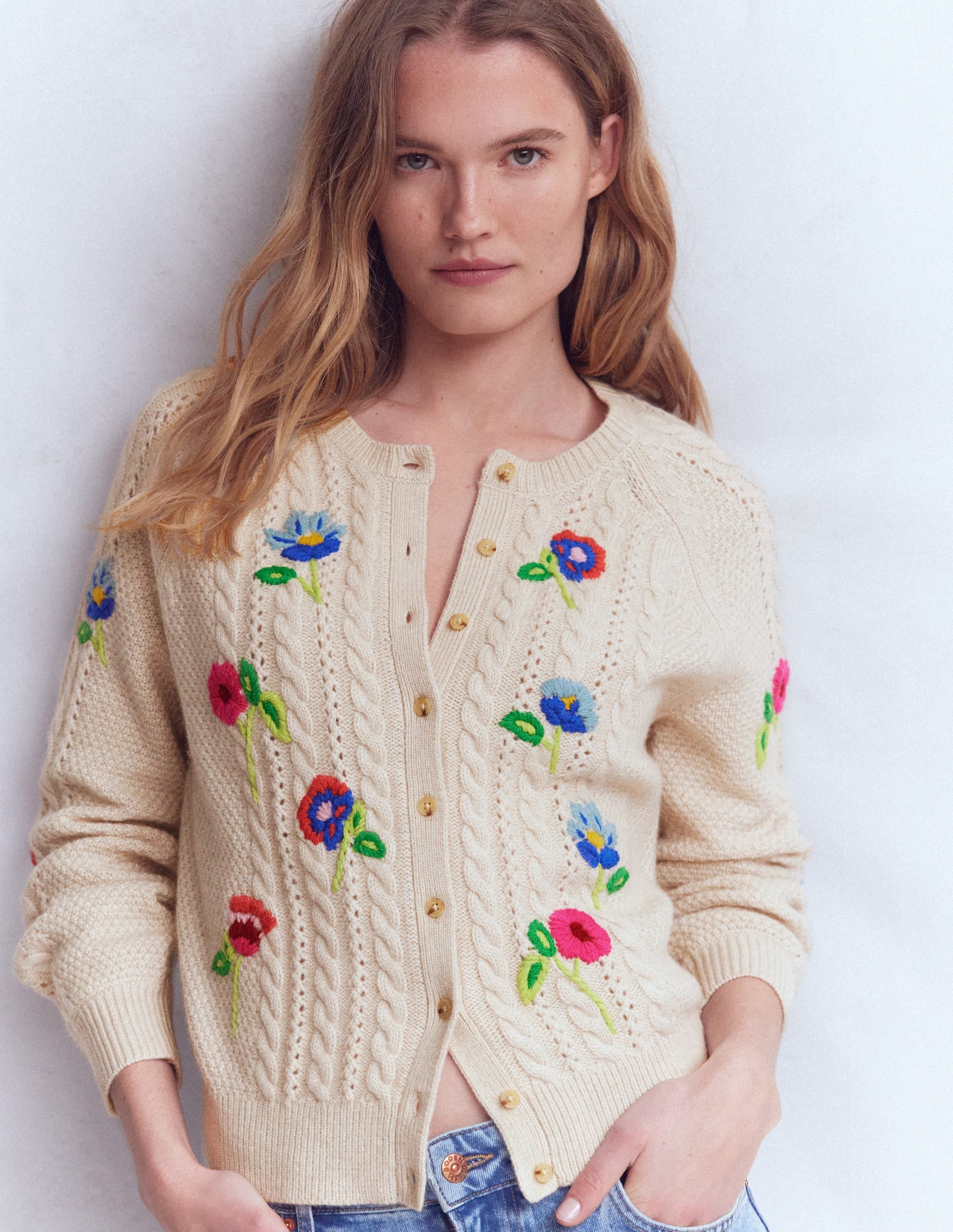 Liv Embroidered Cable Cardigan - Oatmeal Melange | Boden Global