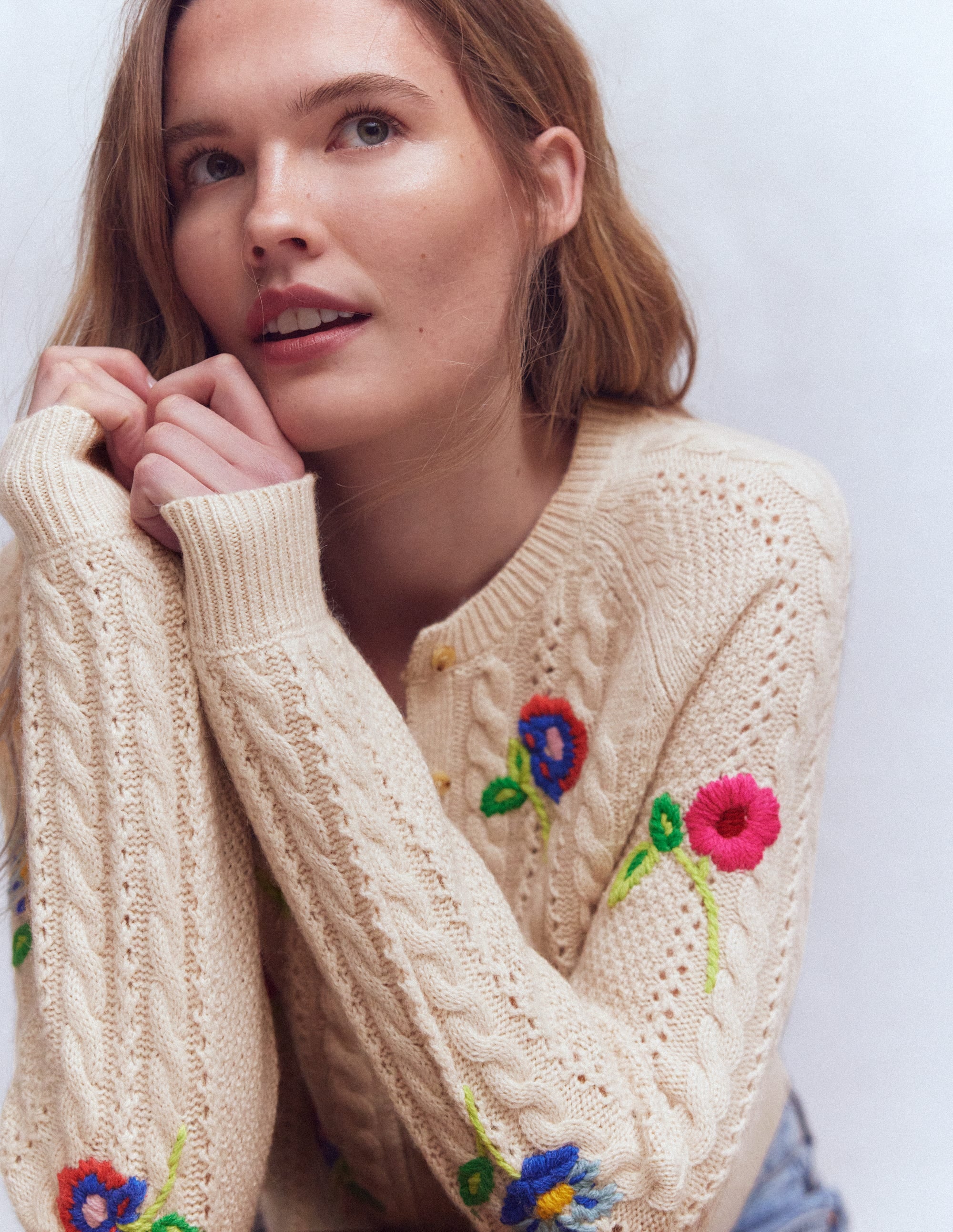 Liv Embroidered Cable Cardigan-Oatmeal Melange | Boden Global