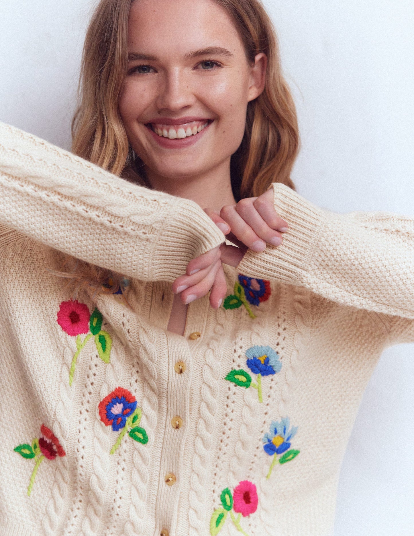 Liv Embroidered Cable Cardigan-Oatmeal Melange