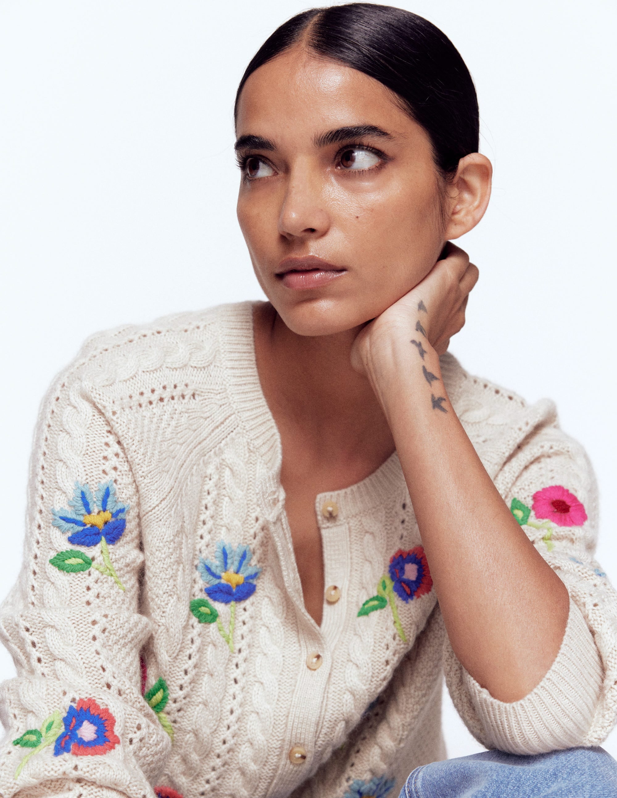 Liv Embroidered Cable Cardigan - Oatmeal Melange | Boden Global