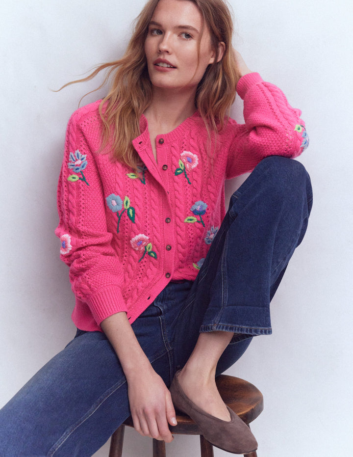 Liv Embroidered Cable Cardigan-Pink Peony
