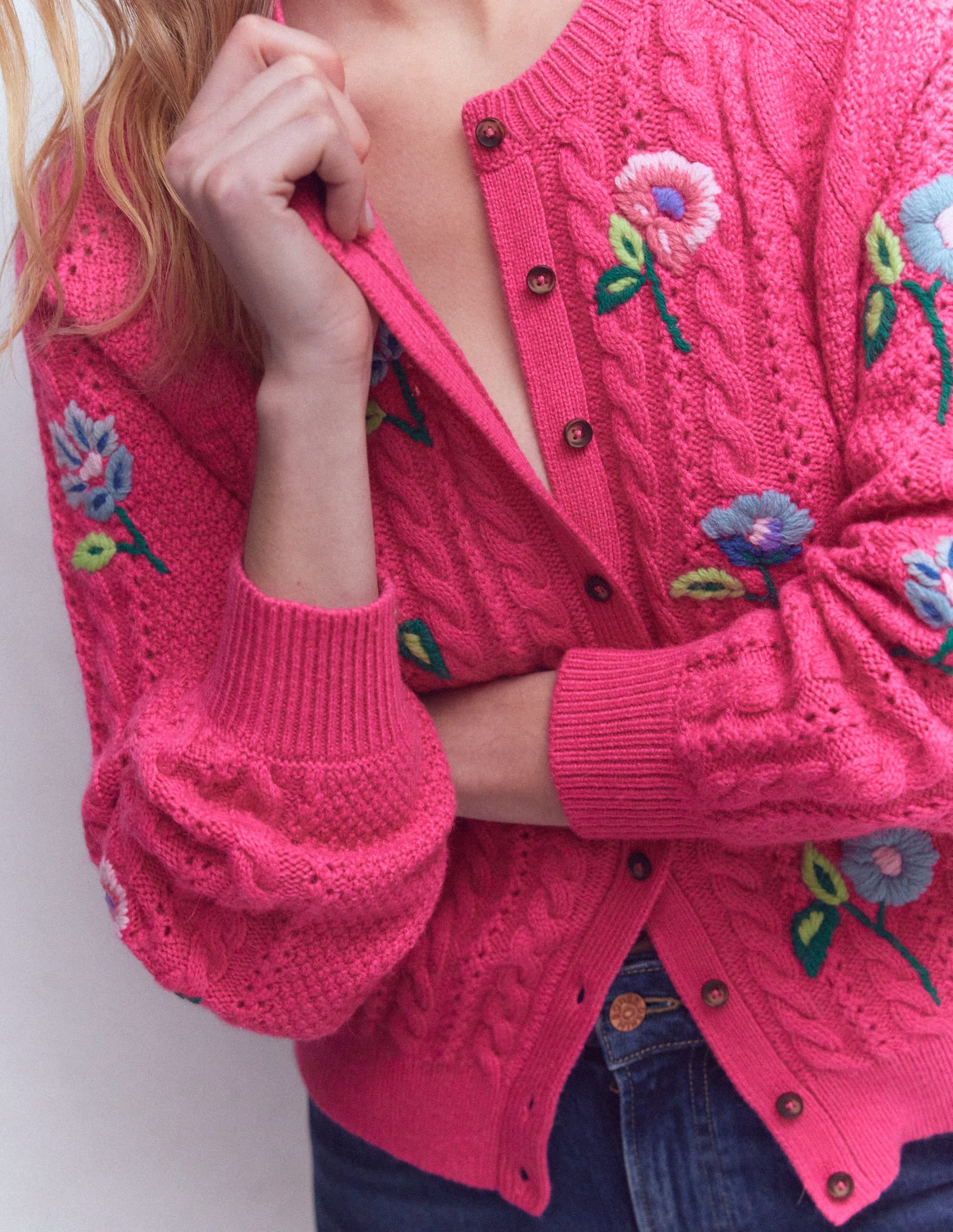 Liv Embroidered Cable Cardigan-Pink Peony | Boden Global