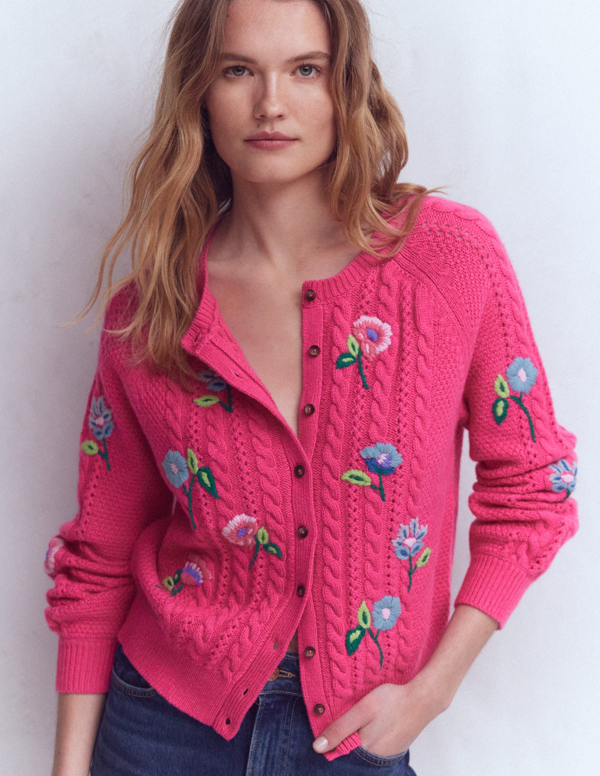 Liv Embroidered Cable Cardigan-Pink Peony | Boden Global