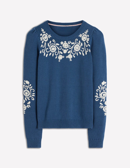 Davina Puff Sleeve Jumper-Denim Blue Embroidery-7