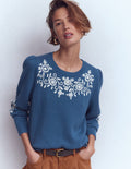 Davina Puff Sleeve Jumper-Denim Blue Embroidery