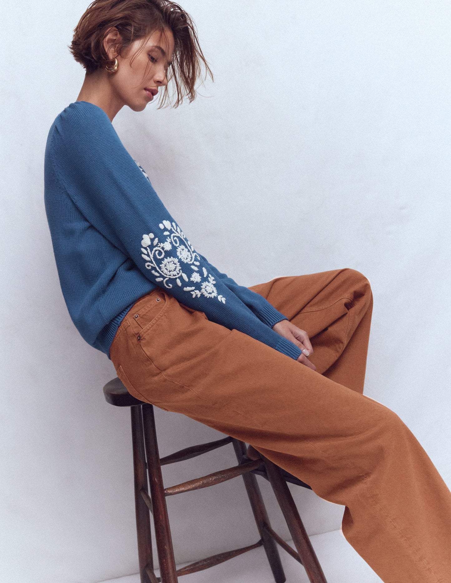 Davina Puff Sleeve Jumper-Denim Blue Embroidery