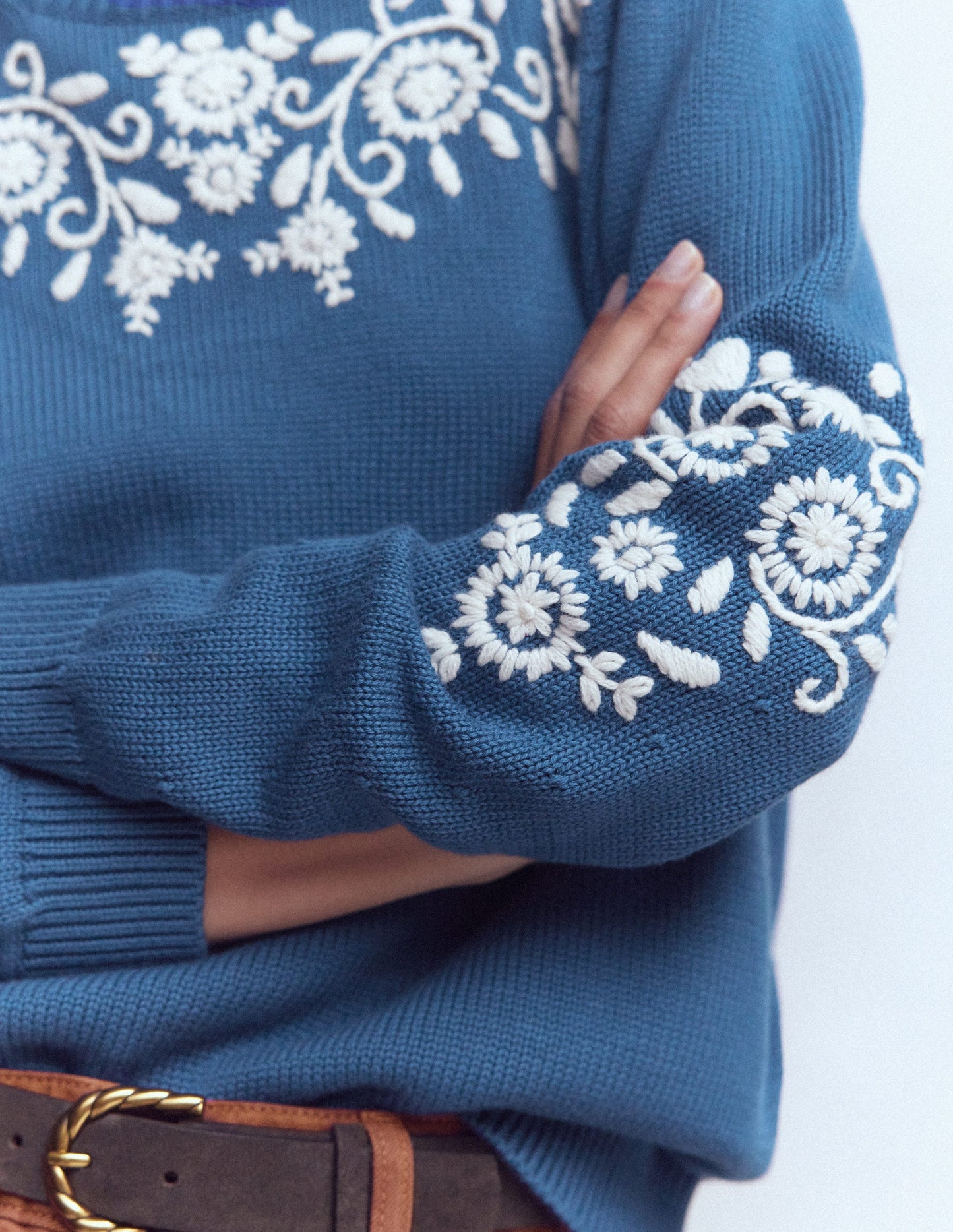Davina Puff Sleeve Jumper-Denim Blue Embroidery