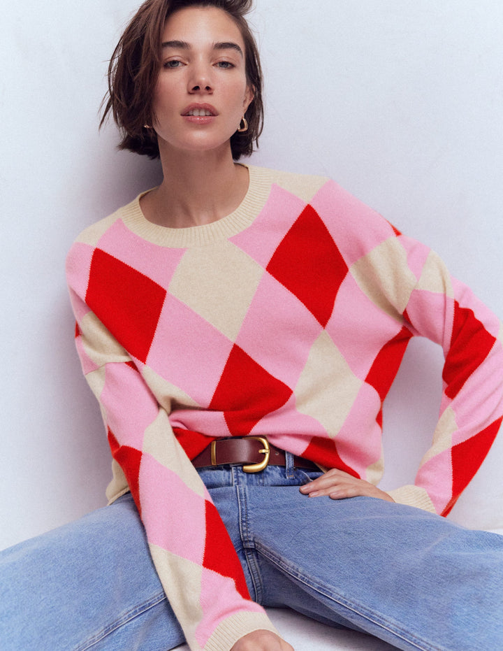 Anastasia Cashmere Jumper-Red and Pink Argyle