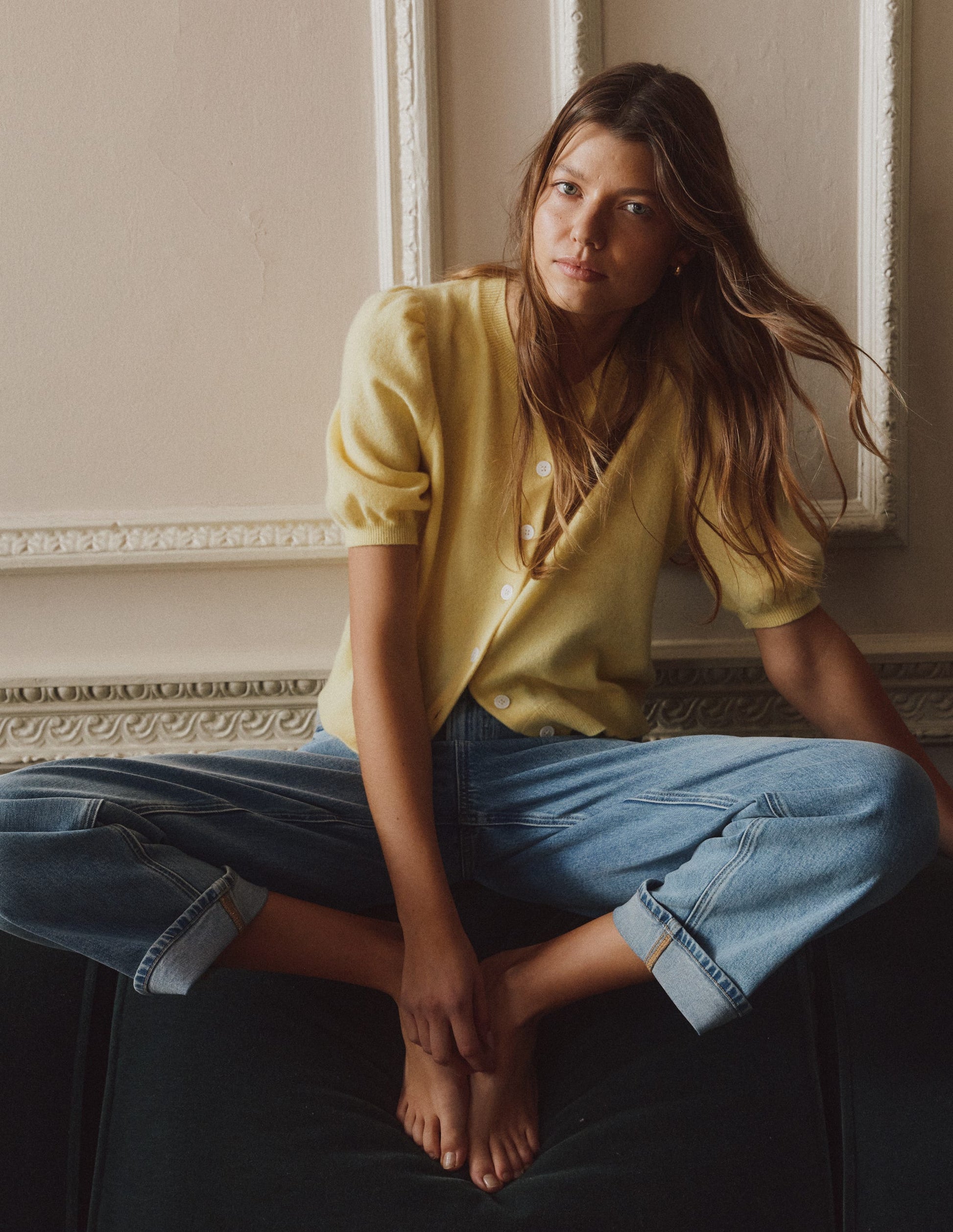 Cropped Cashmere Cardigan-Sandstone Yellow-7