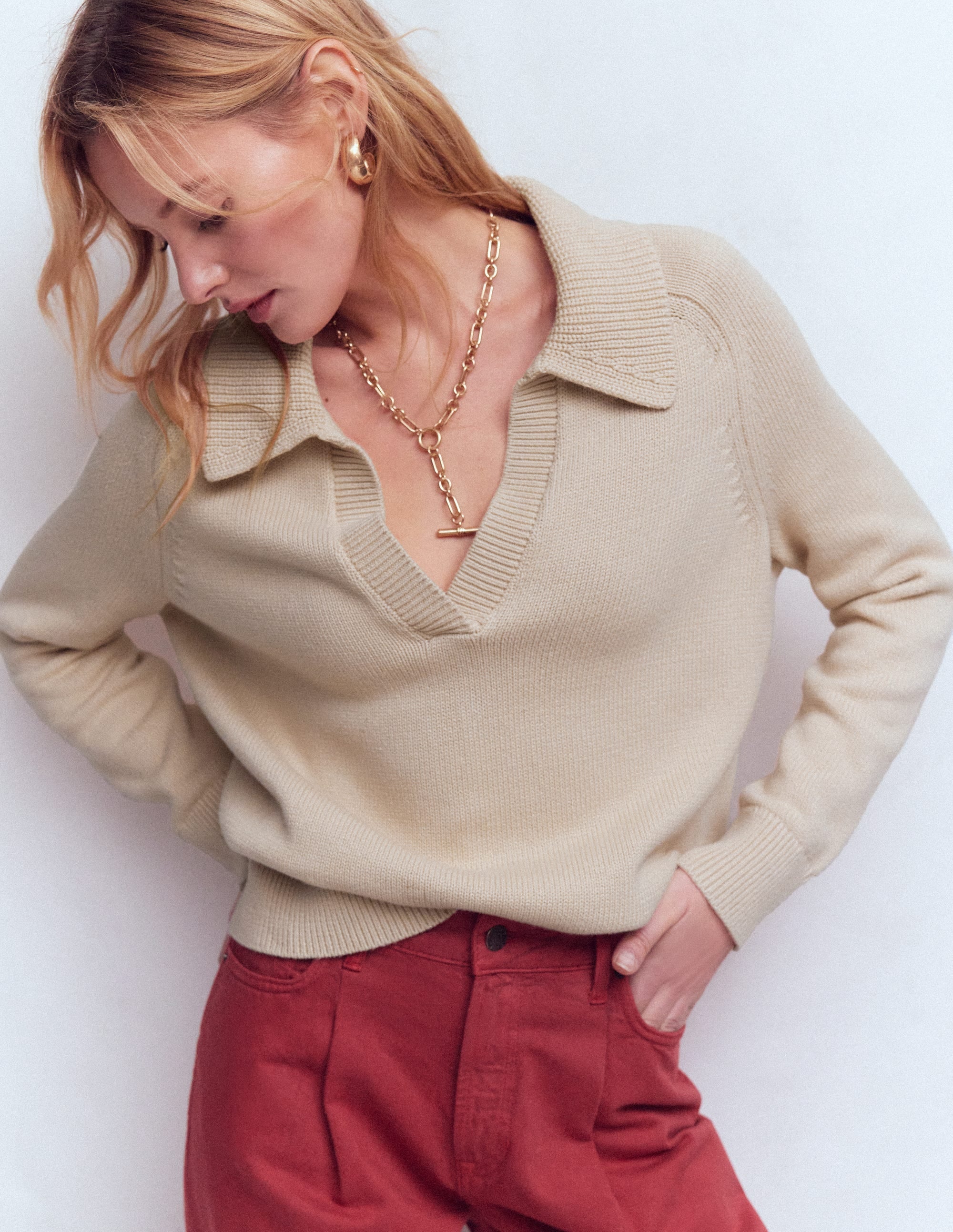 Cotton Henley Jumper-Almond Peach - Image 1