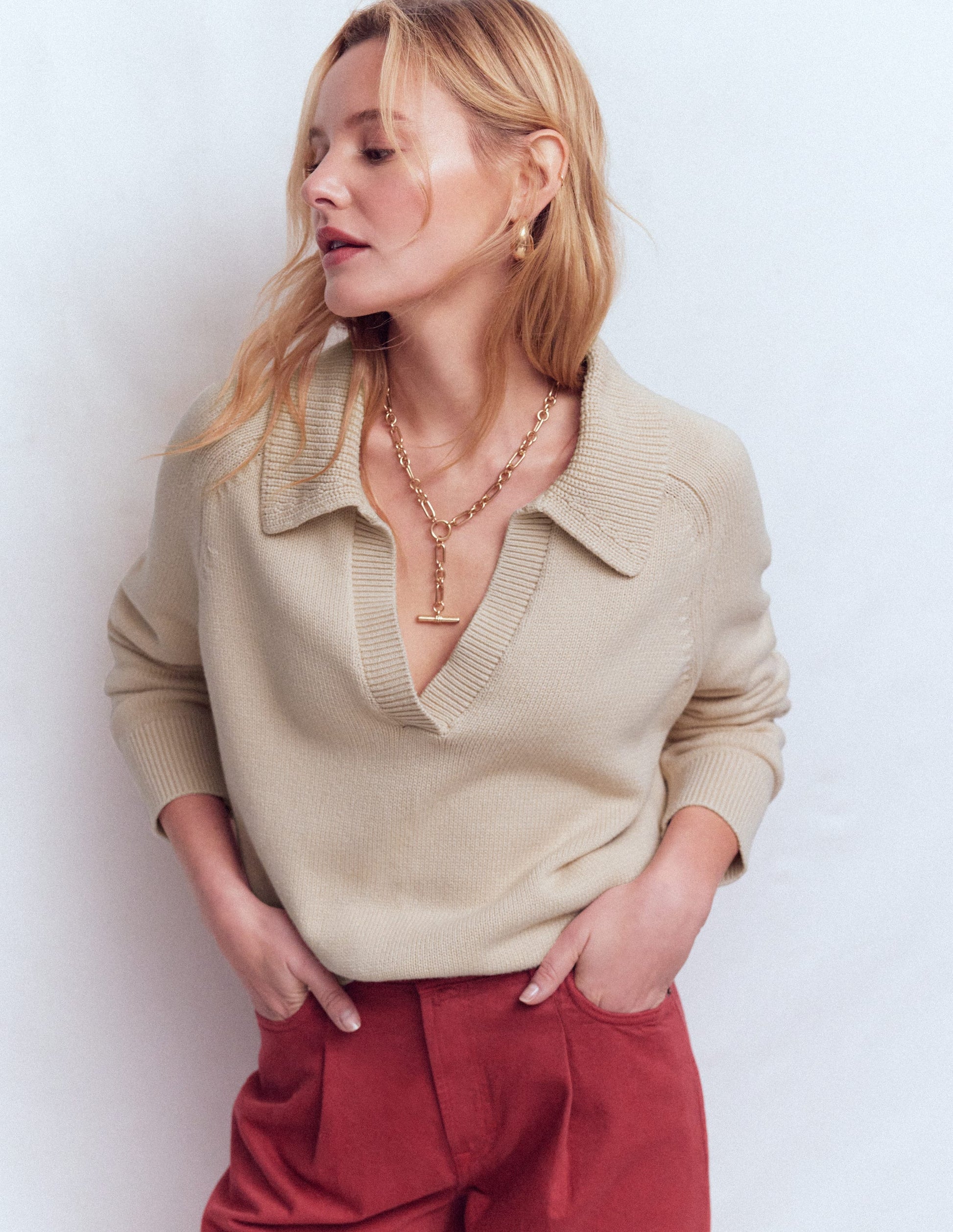 Cotton Henley Jumper-Almond Peach-5