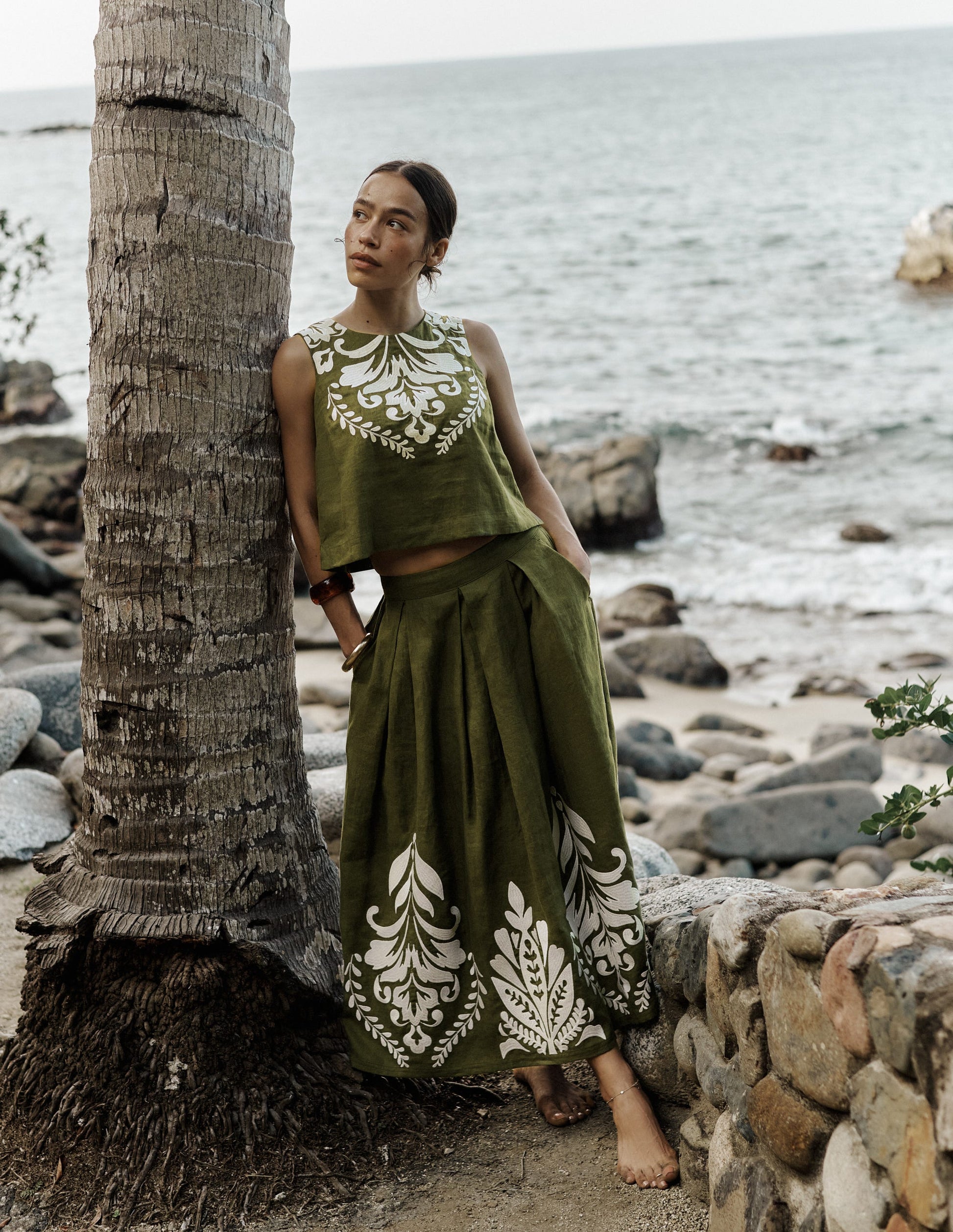Verity Linen Midi Skirt-Woodland Green Embroidery-6