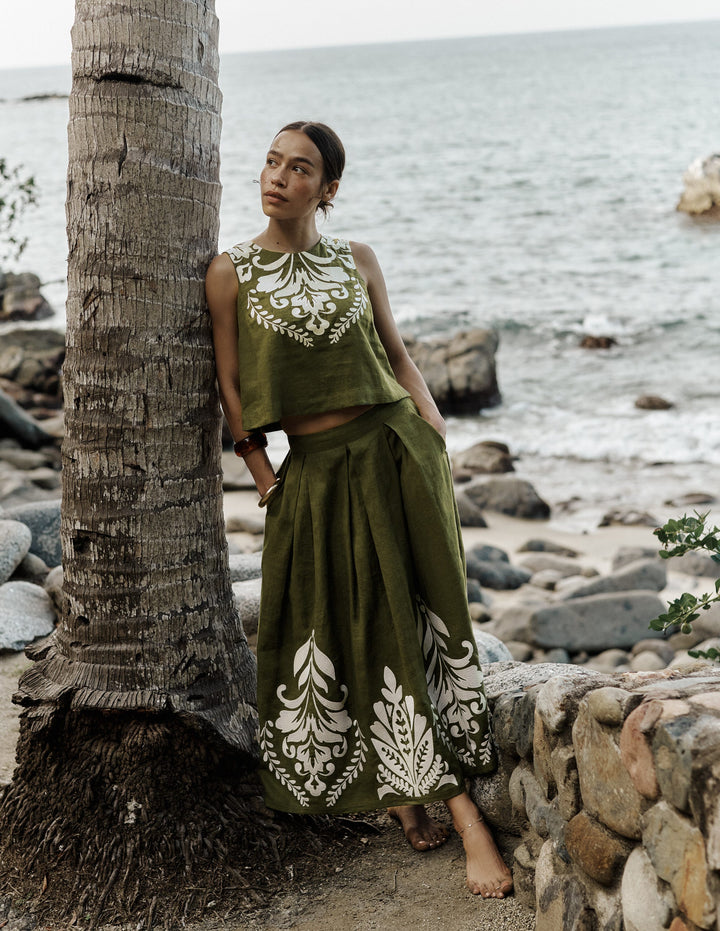 Verity Linen Midi Skirt-Woodland Green Embroidery