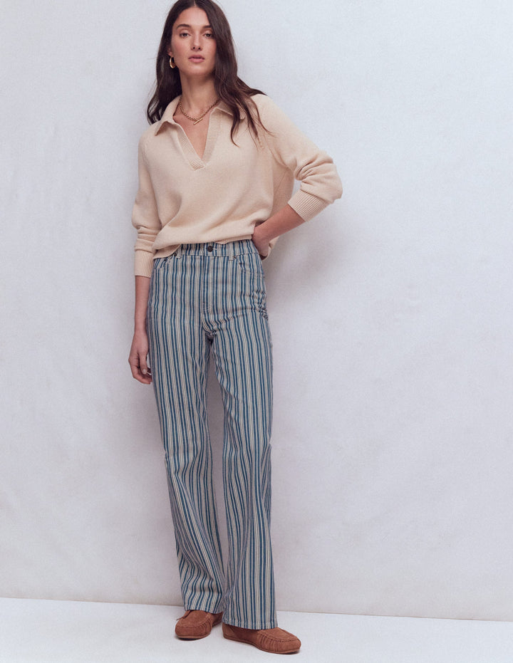 High Rise Column Leg Jeans-Blue Stripe