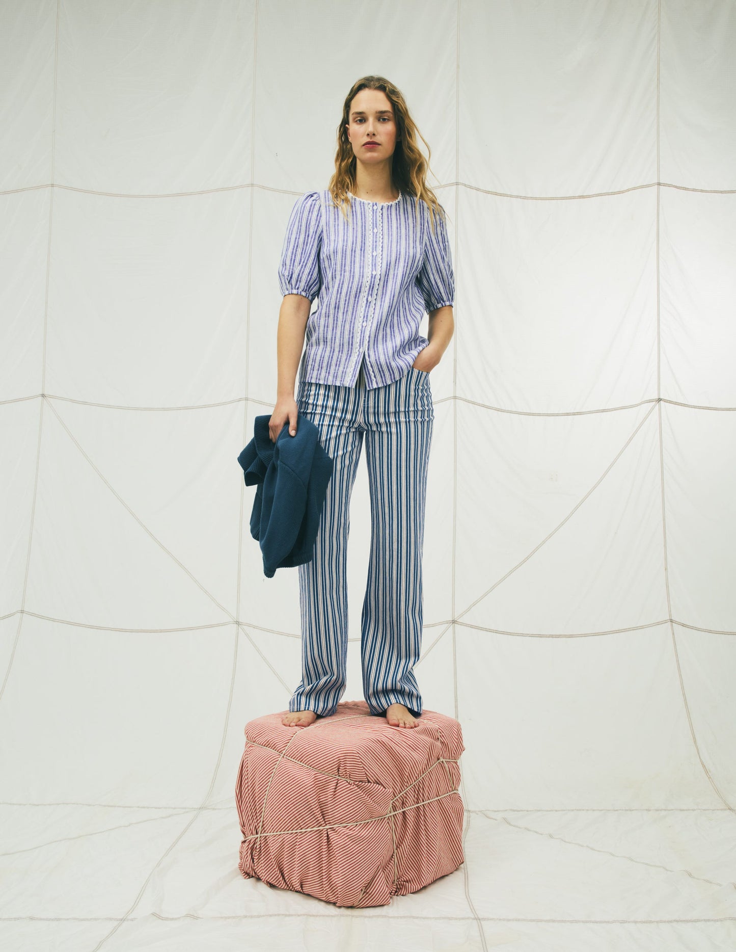 High Rise Column Leg Jeans-Blue Stripe