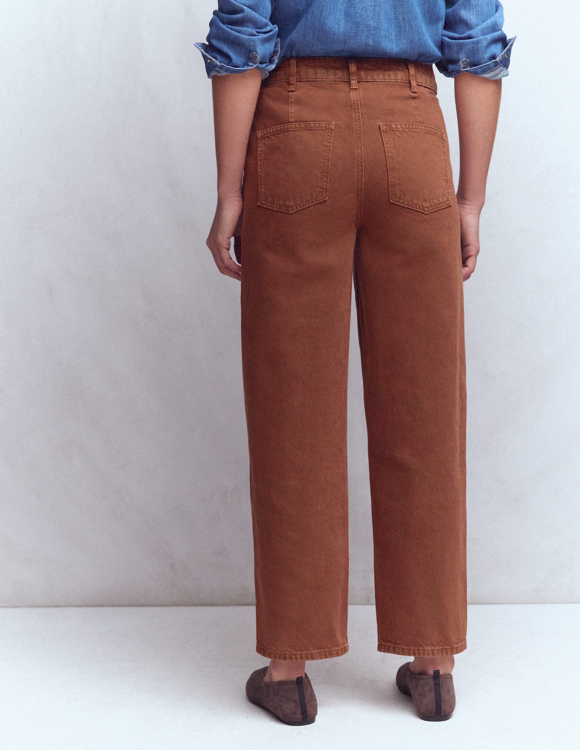 Exposed Button Straight Jeans-Brown-4