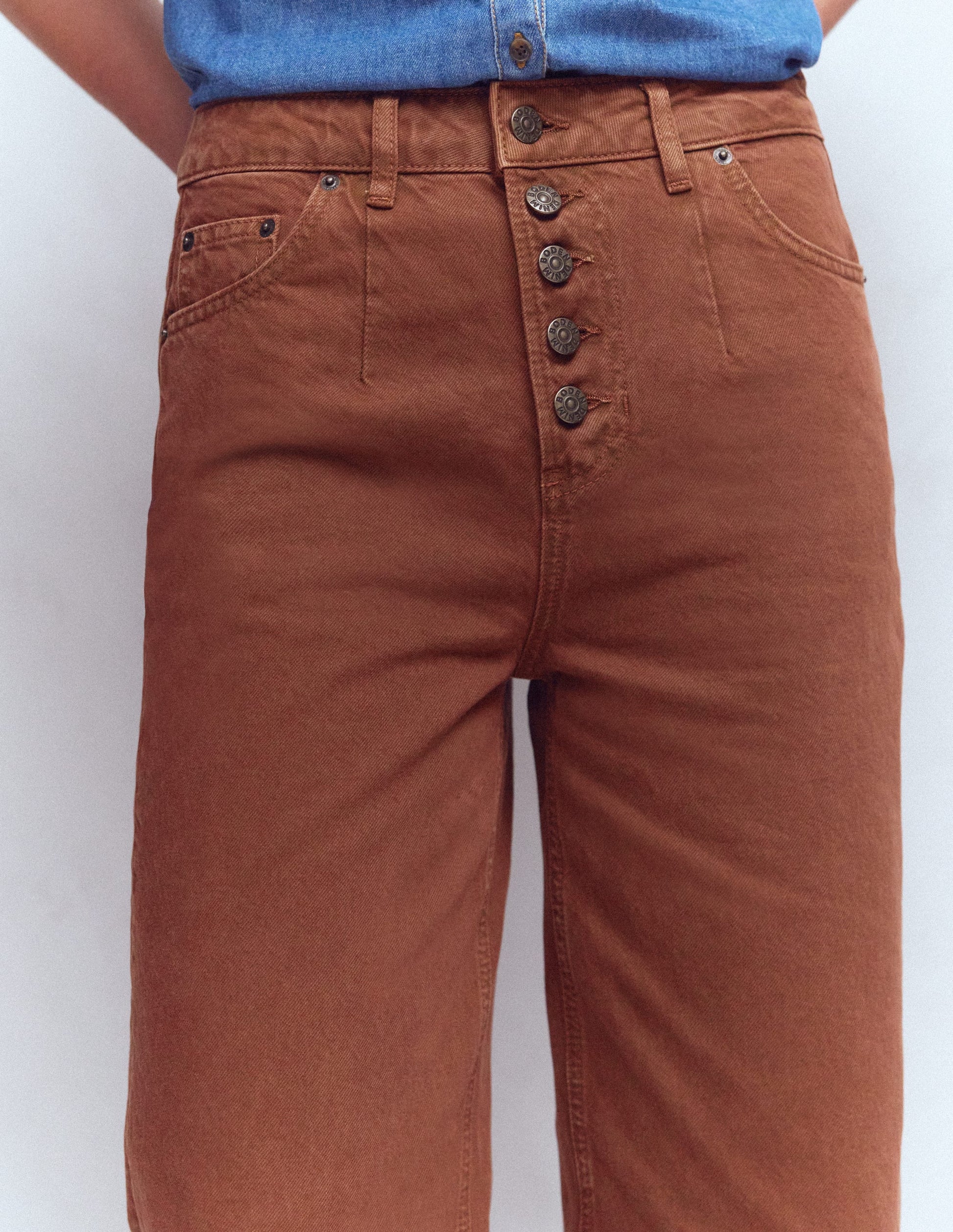 Exposed Button Straight Jeans-Brown-6