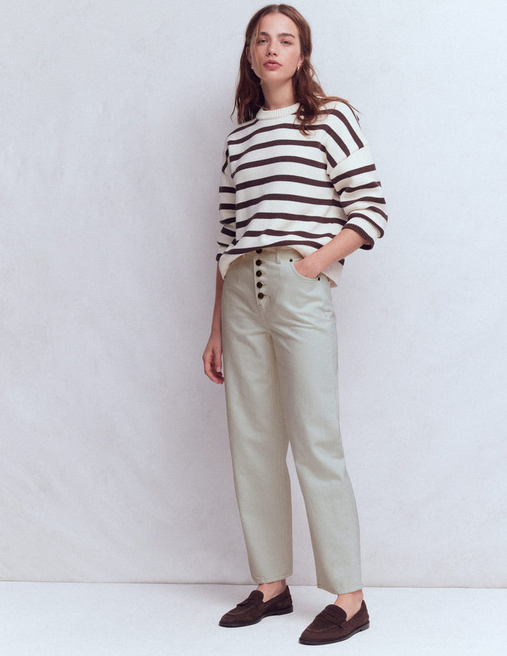 Exposed Button Straight Jeans-Ecru