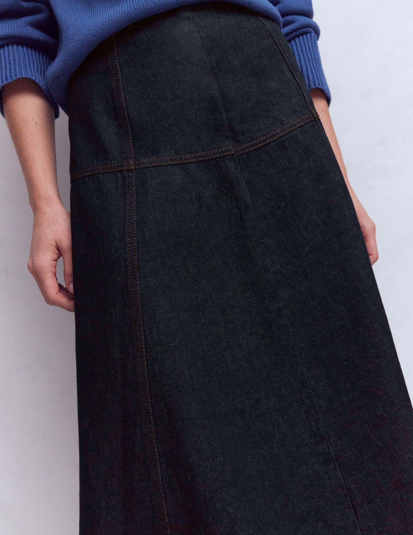 Panelled Detail Denim Skirt-Indigo