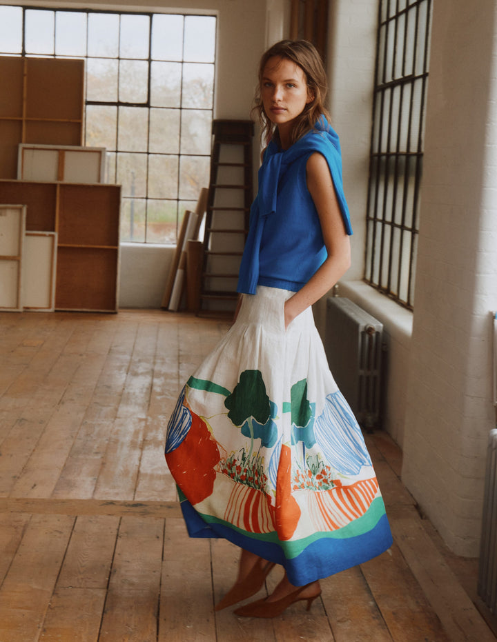 Valentina linen Skirt-Multi, Abstract Valley