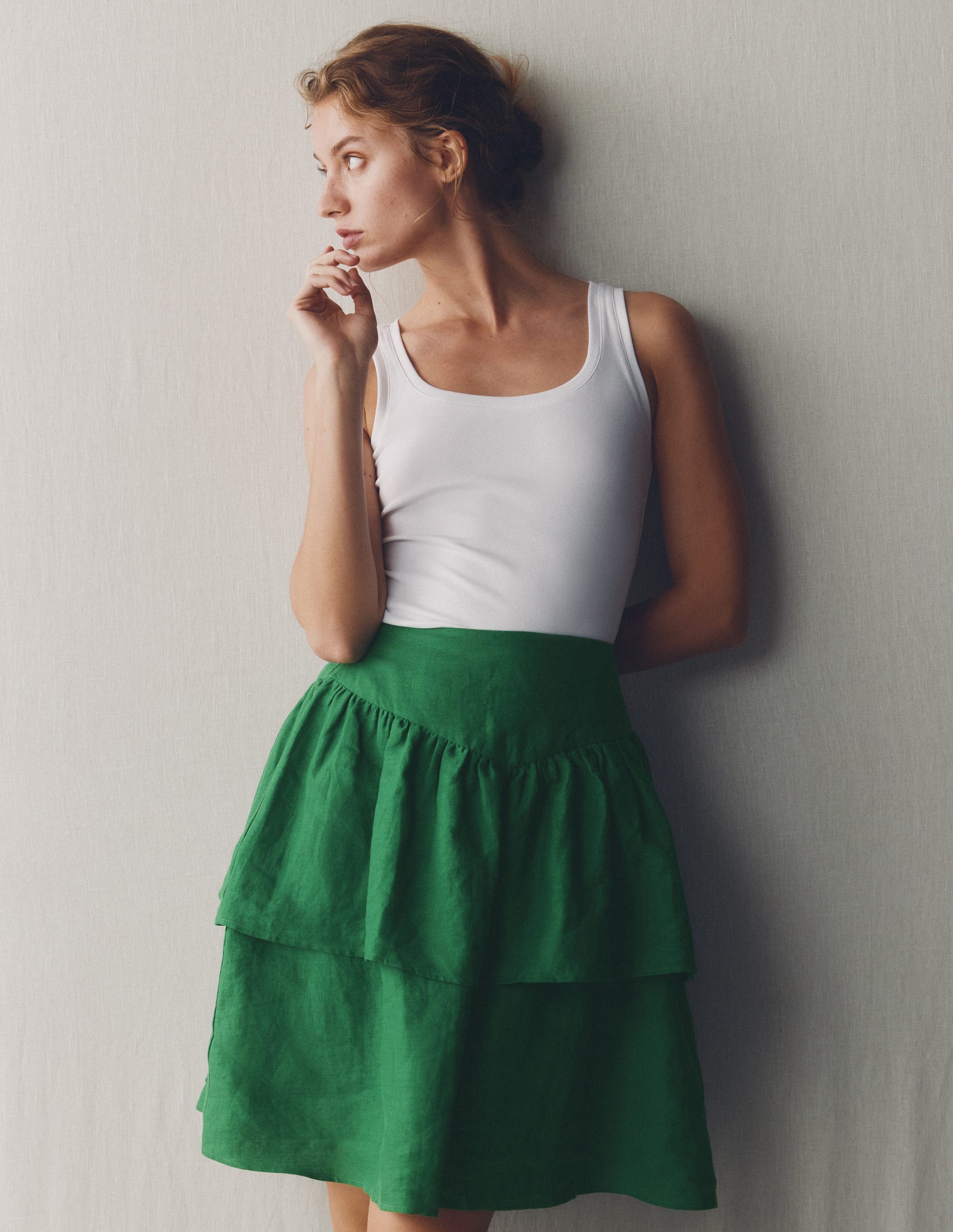 Tiered Linen Skirt-Highland Green-5